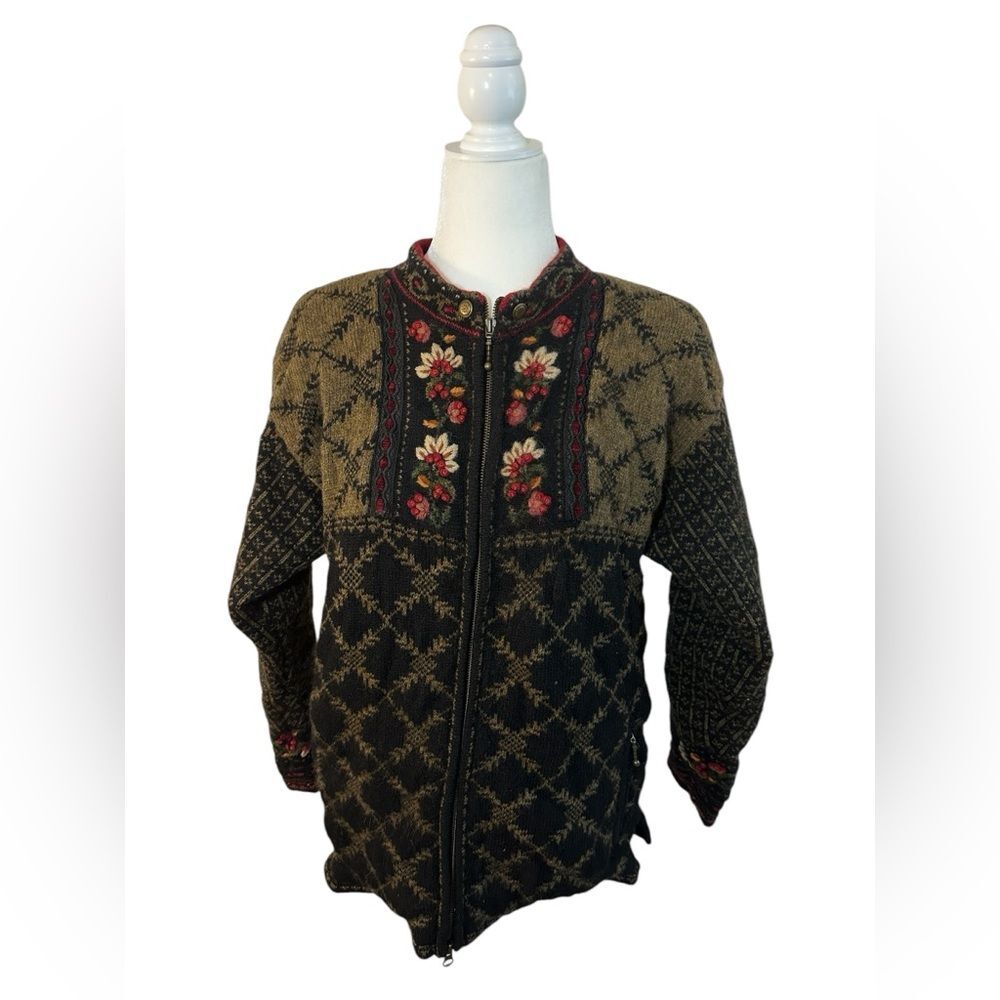Womens Icelandic Design 100% Wool Zip Front Sweater Cardigan Embroidery Size M